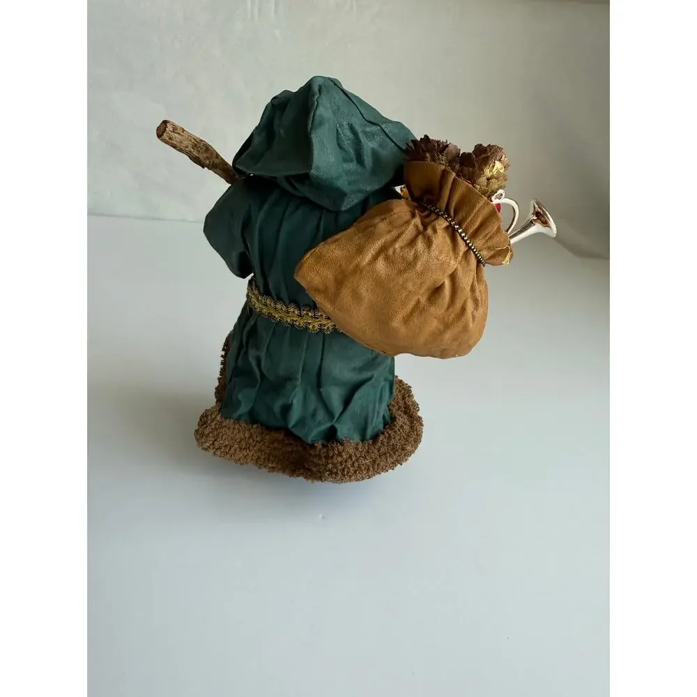 Vintage Paper Mache Santa Green Hooded Robe Toy Sack Old World Christmas 6.5